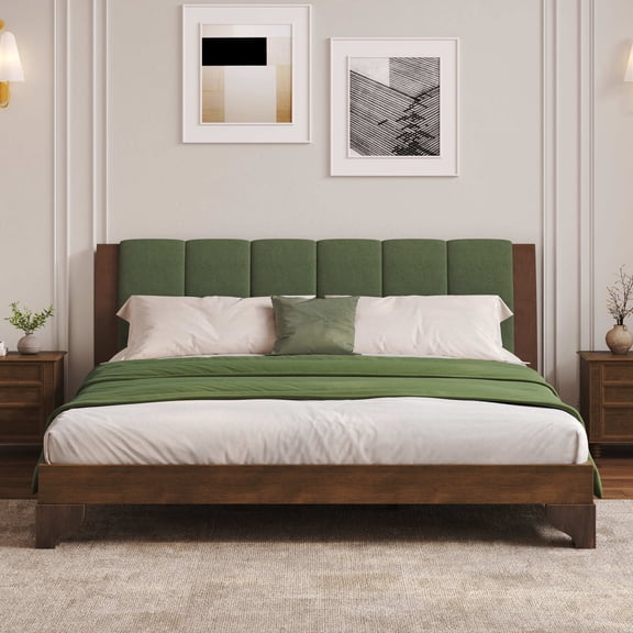 Christopher Knight Home Premium Pine Wood King Bed Frame with Headboard, Mid-Century Modern Design, Walnut Green