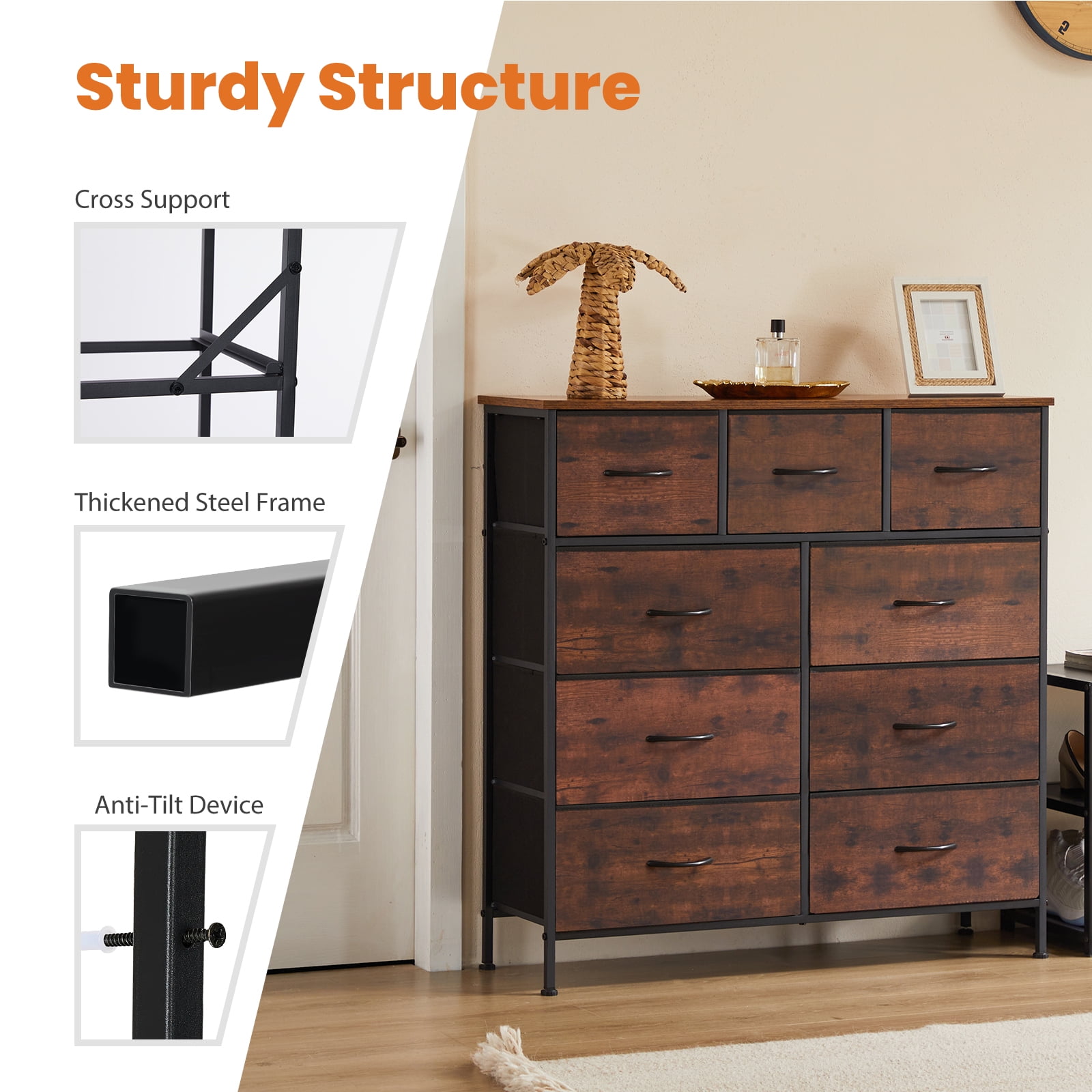 Gianna 9 Drawers Dresser, Large Capacity Organizer, Suit for Bedroom, Hallway, Rustic Brown