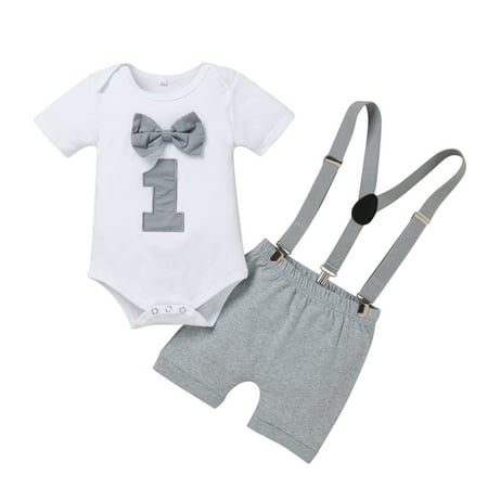 

B91xZ Baby Boy Clothes Kids Boy Girls One 1st Birthday Outfits Clothes Short Sleeve Bow Tie Romper Shorts Pants Set Grey Size 9-12 Months