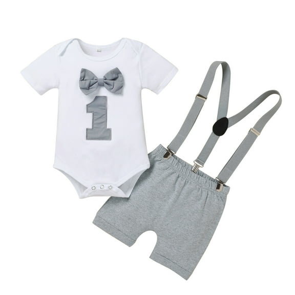 Povozer Boy Suspender Outfit Toddler Baby Boy Clothes Suit Gentleman Wedding Outfits formal Dress Shirt With Bowtie Suspender Pants for 12-18 Months,Grey