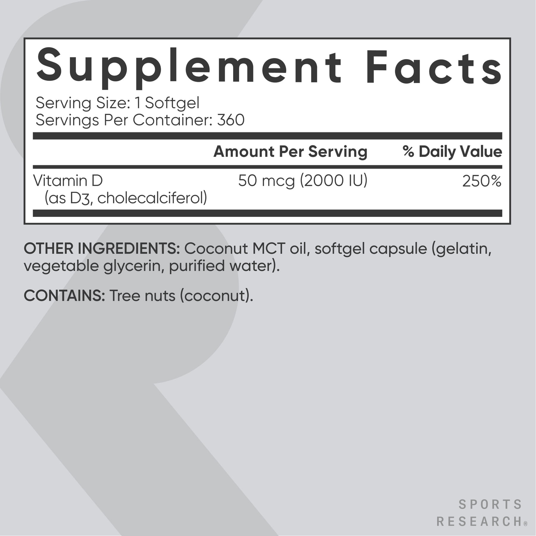 Sports Research® Vitamin D3 2000 IU with Coconut MCT Oil - High Potency Supplement (360 Softgels)