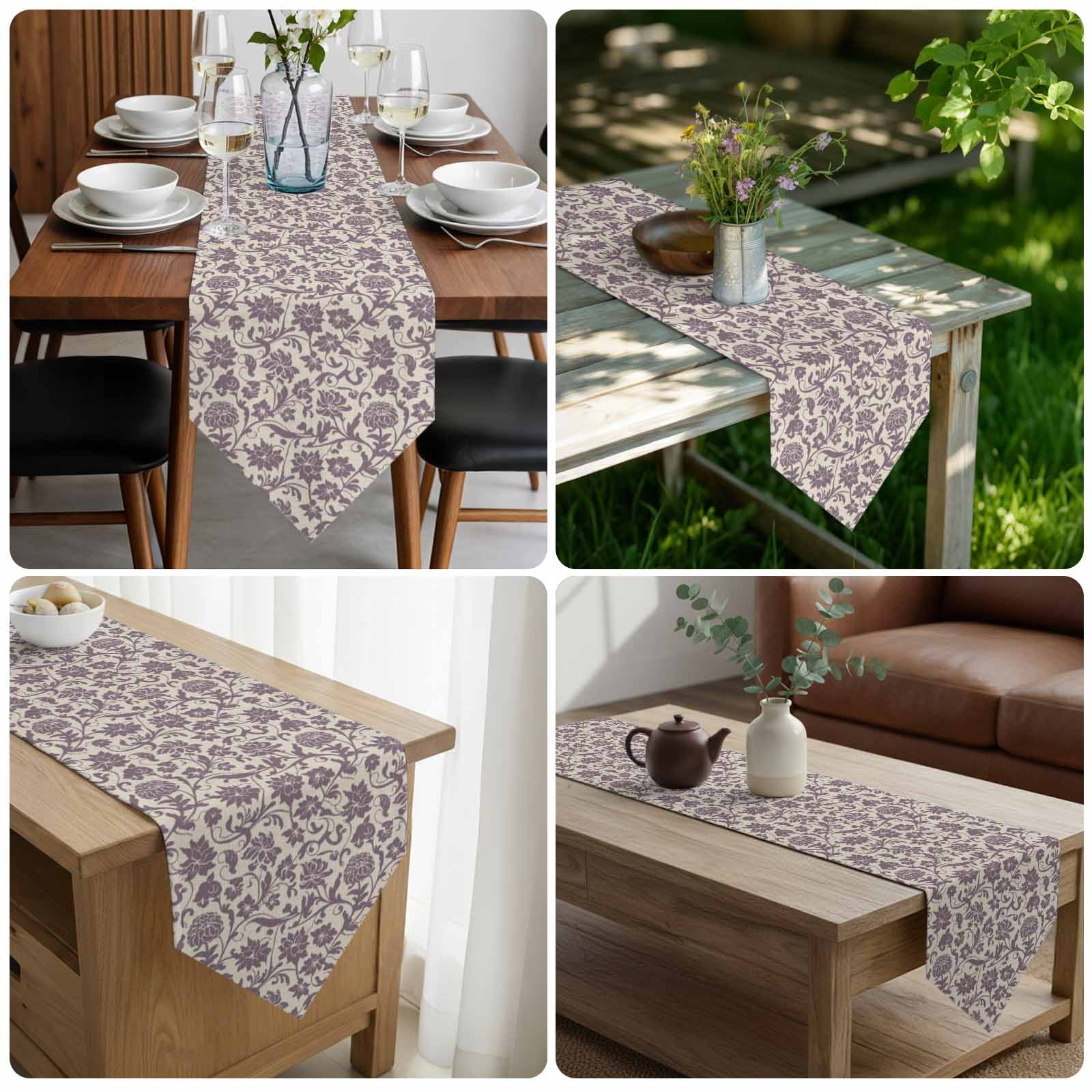 Purple Floral Table Runner Linen Burlap Table Runner 36 Inches Small Spring Plants Flowers Vintage Rustic Dresser Scarves for Kitchen Island Coffee Dining Party Wedding Banquet Holiday Decor 13"x36"