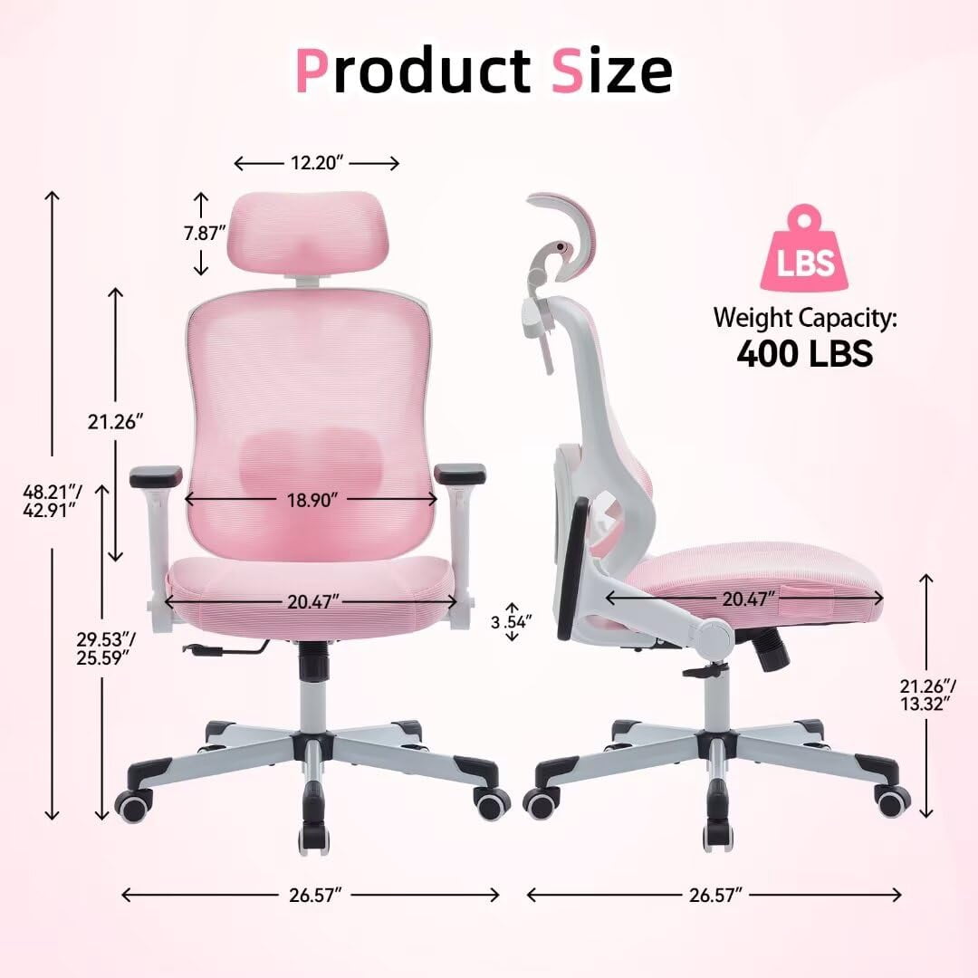 Frelaxbone Adult Mesh High Back Indoor Residential Adjustable Armrest Office Chairs, Caster,  Pink