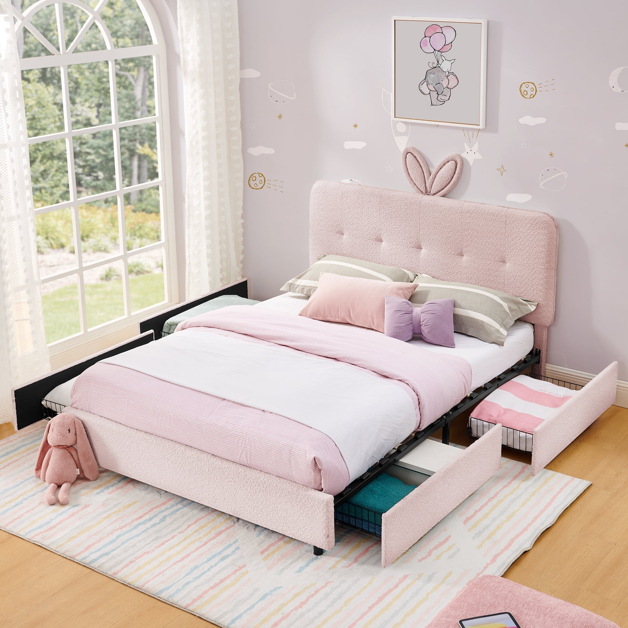 Full Size Kids Bed with LED Lights and 4 Storage Drawers, Upholstered Boucle Bed Frame with Oversized Rabbit Ear Headboard, Platform Bed for Kids Bedroom, Pink