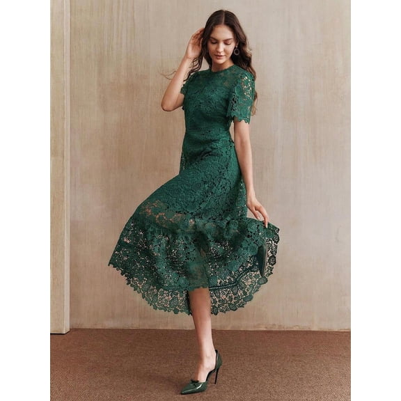 Emerald Green Lace Midi Dress With Short Sleeve And Ruffled Hem