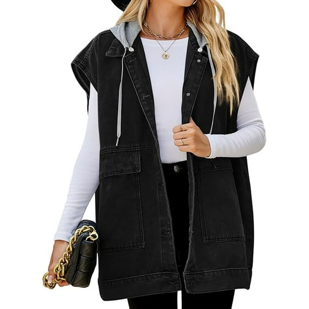 Chaleco vaquero de gran tamaño para mujer, chaleco vaquero de longitud media, chaquetas sin mangas, chaleco desgastado de algodón (XL)