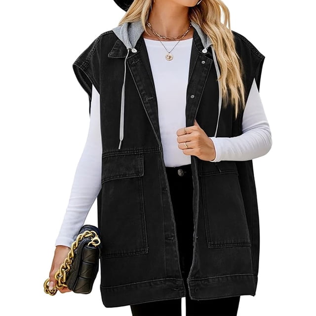 Chaleco vaquero de gran tamaño para mujer, chaleco vaquero de longitud media, chaquetas sin mangas, chaleco desgastado de algodón (XL)