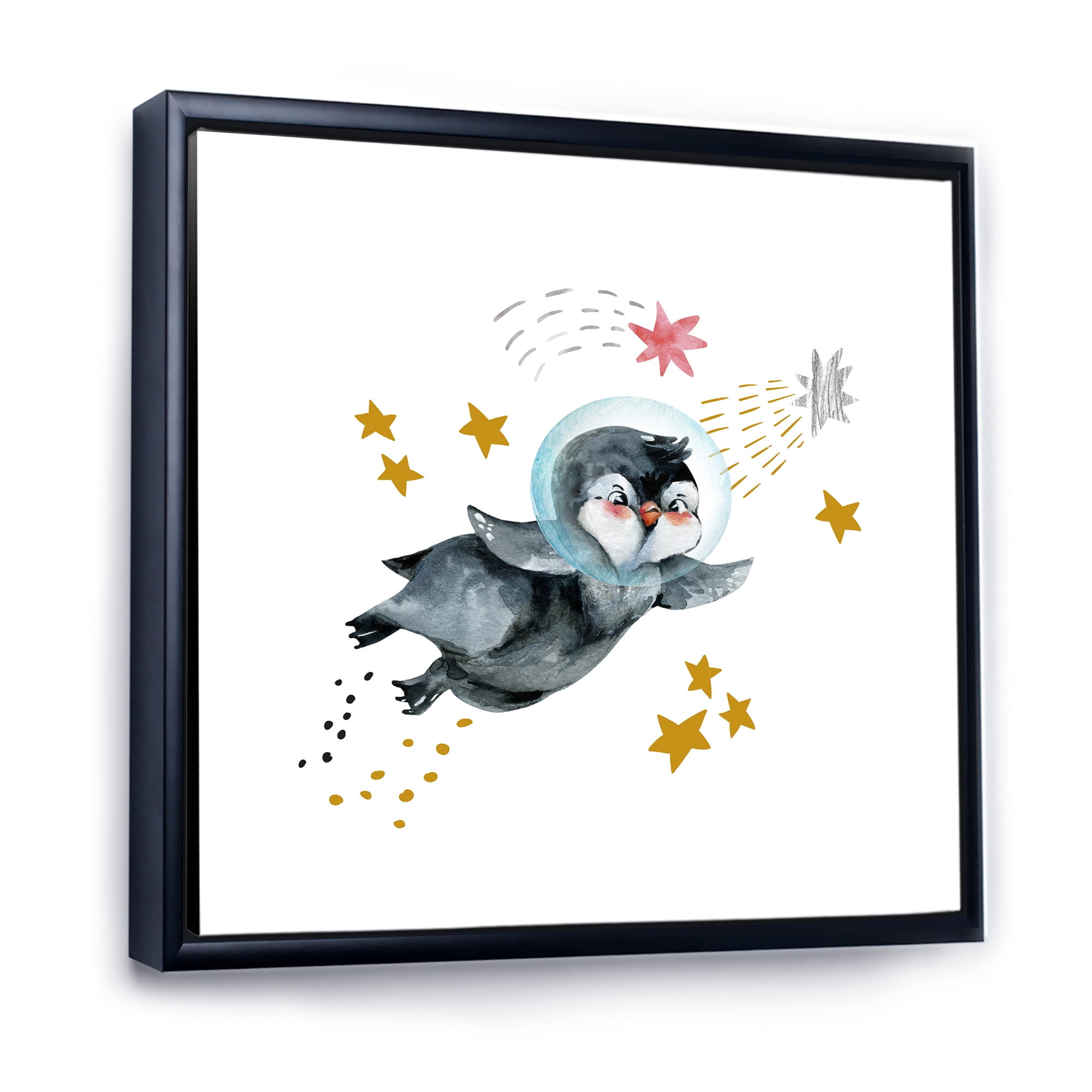 Designart 'Little Penguin Flying Planets and Stars I' Farmhouse Framed Canvas Wall Art Print