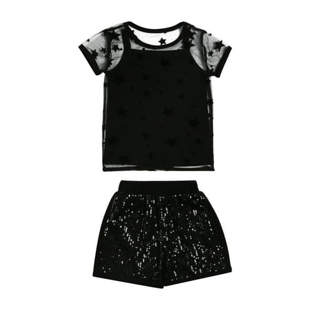 

One opening 3 Pcs Baby Girl Casual Outfits Star Pattern Short Sleeve Round Neck See-through Smock + Camisole + Sequined Shorts