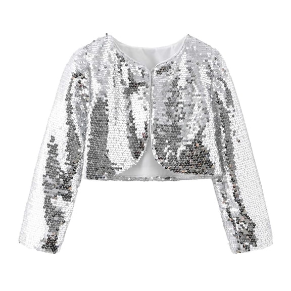 Staki Kids Jackets Girls Girls Sequin Jackets Sparkle Dress Coats Zipper Cropped Cardigan for Kids(Silver,6-7 Years)