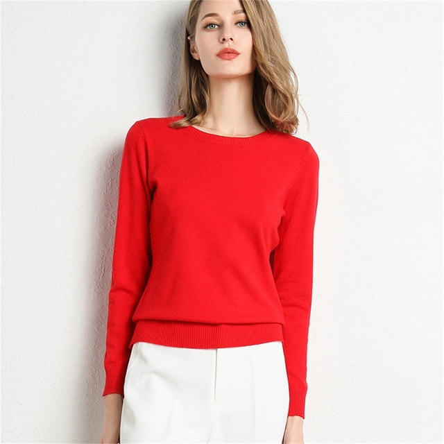 DondPO Chandails pour Femmes Chemises à Manches Longues Nouveau Col Rond Manches Longues Pull Ample Bas Tricoté Uni Hauts Mignons Rouges m