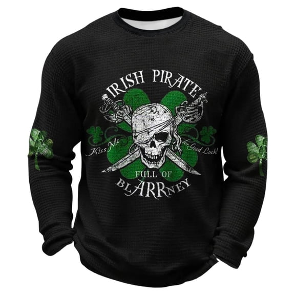 CONZONE St. Patrick's Day Men's T-Shirts Long Sleeve Knit T Shirts for Men Casual Crew Neck Green Clover Graphic Lightweight Tees Soft Cozy Athletic Tops