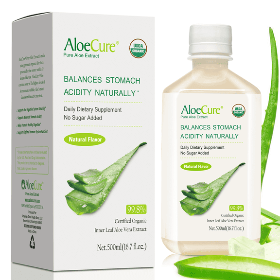 AloeCure USDA Organic Aloe Vera Juice Natural Flavor, Made Within 12 Hrs of Harvest - Pure Aloe Juice Natural Acid Buffer Supports Digestion, Immune System and Balanced Stomach Acidity, 1x500ml Btl