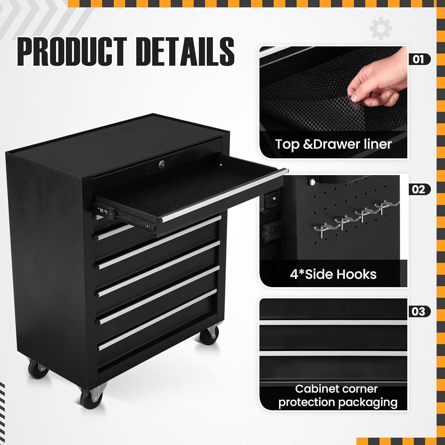 Garvee Tool Chest with 7 Drawer, 24" Tool Storage Cabinet with Wheels & Locking System, Heavy Duty Toolbox for Garage, Warehouse, Workshop, Black