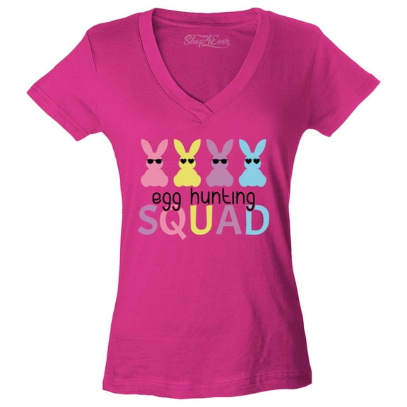 Shop4Ever Women's Easter Bunny Egg Hunting Squad Slim Fit V-Neck T-Shirt Medium Pink