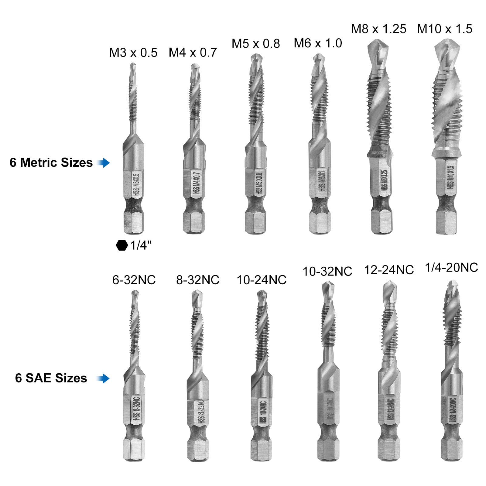 Uxcell 13 Pieces Combination Drill and Tap Bit Set, SAE 6-32NC to 1/4-20NC Metric M3 to M10 Thread Taps with Adapter