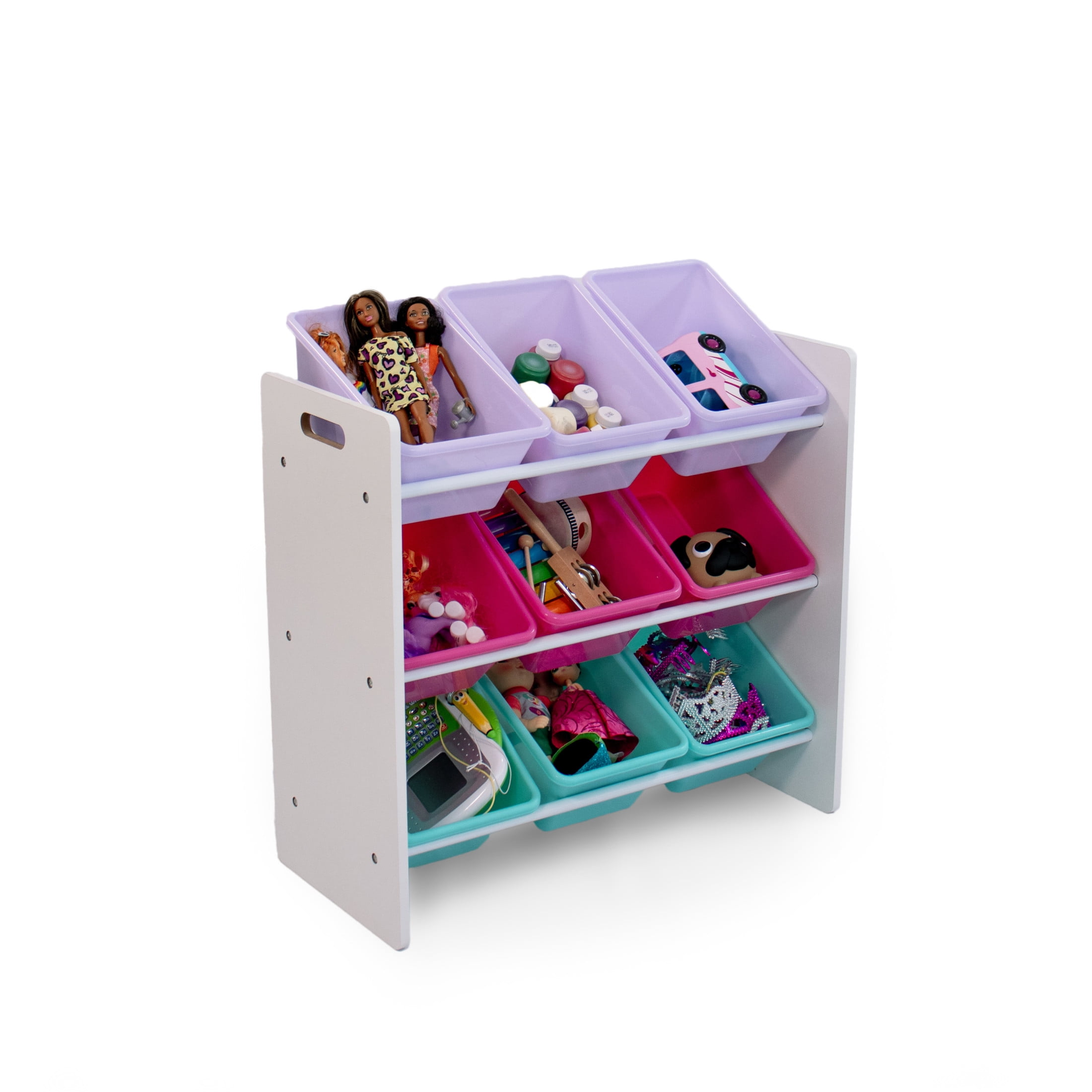 Humble Crew Forever Toy Storage Organizer with 9 Plastic Storage Bins, White/Pink/Purple/Turquoise
