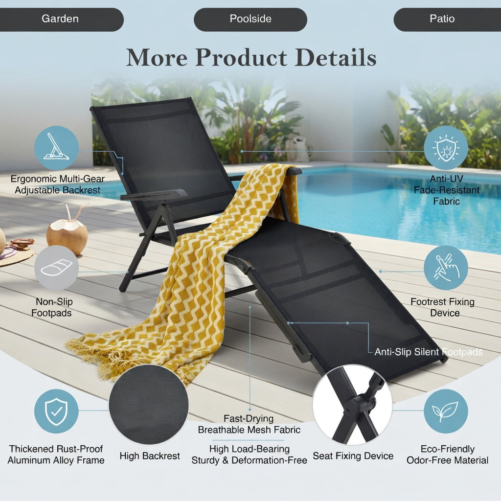 Hommoo 2-Pack Foldable Chaise Lounge Chair with 5-Position Reclining Backrest & 2-Position Adjustable Footrest, Heavy-Duty Steel Frame Patio Lounger for Poolside, Garden & Deck, Black