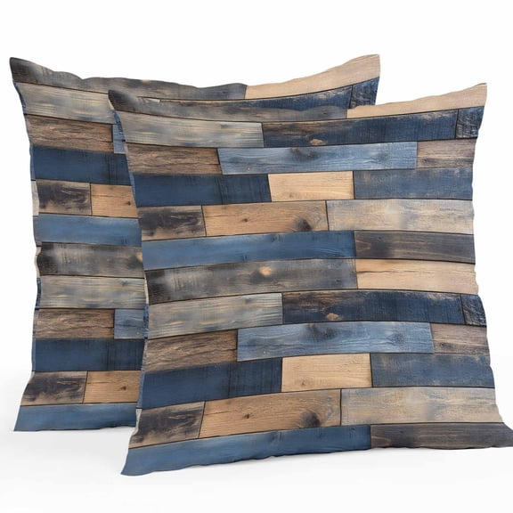 Waterproof Throw Pillow Covers Set of 2, 20x20 Inch Navy Blue Brown Wood Decorative Pillowcases Outdoor Pillow Slip Cushion Covers Set for Couch Tent Farmhouse Vintage Wooden
