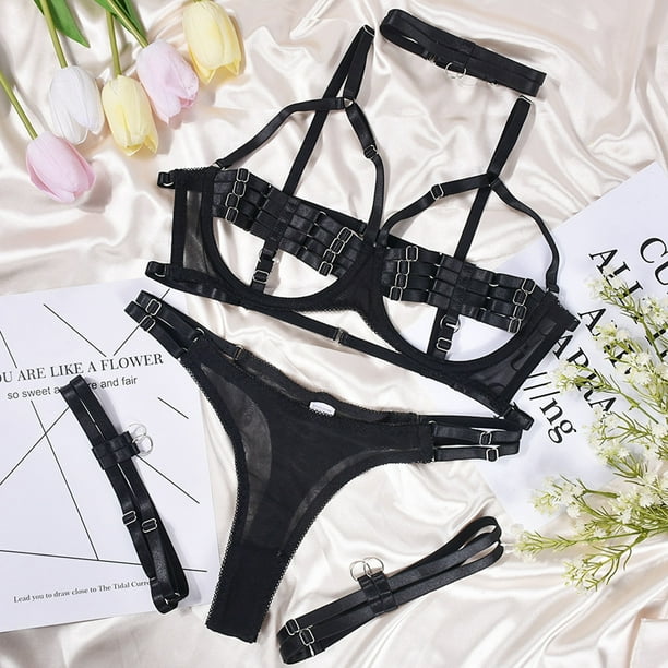Gibobby Conjunto Lenceria Tanga Y Bralette Conjunto de lenceria de Brasier y pantaleta de Encaje y Transparencias Negro XG Walmart en linea