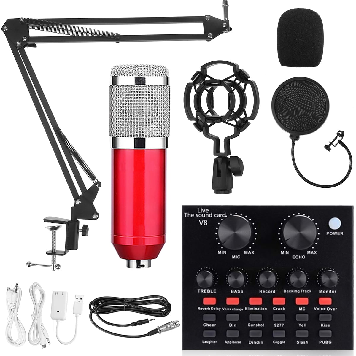Podcast Microphone Bundle, BM800 Microphone Kit with Live Sound Card, Condenser Microphone & DJ Mixer with Adjustable Mic Suspension Scissor Arm, Shock Mount & Filter for Studio Recording & Broadcas