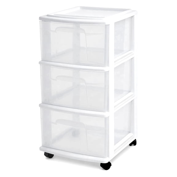 HOMZ Drawer Tower, 3-Tier Clear Plastic Rolling Storage Cart, Removable Wheels, White