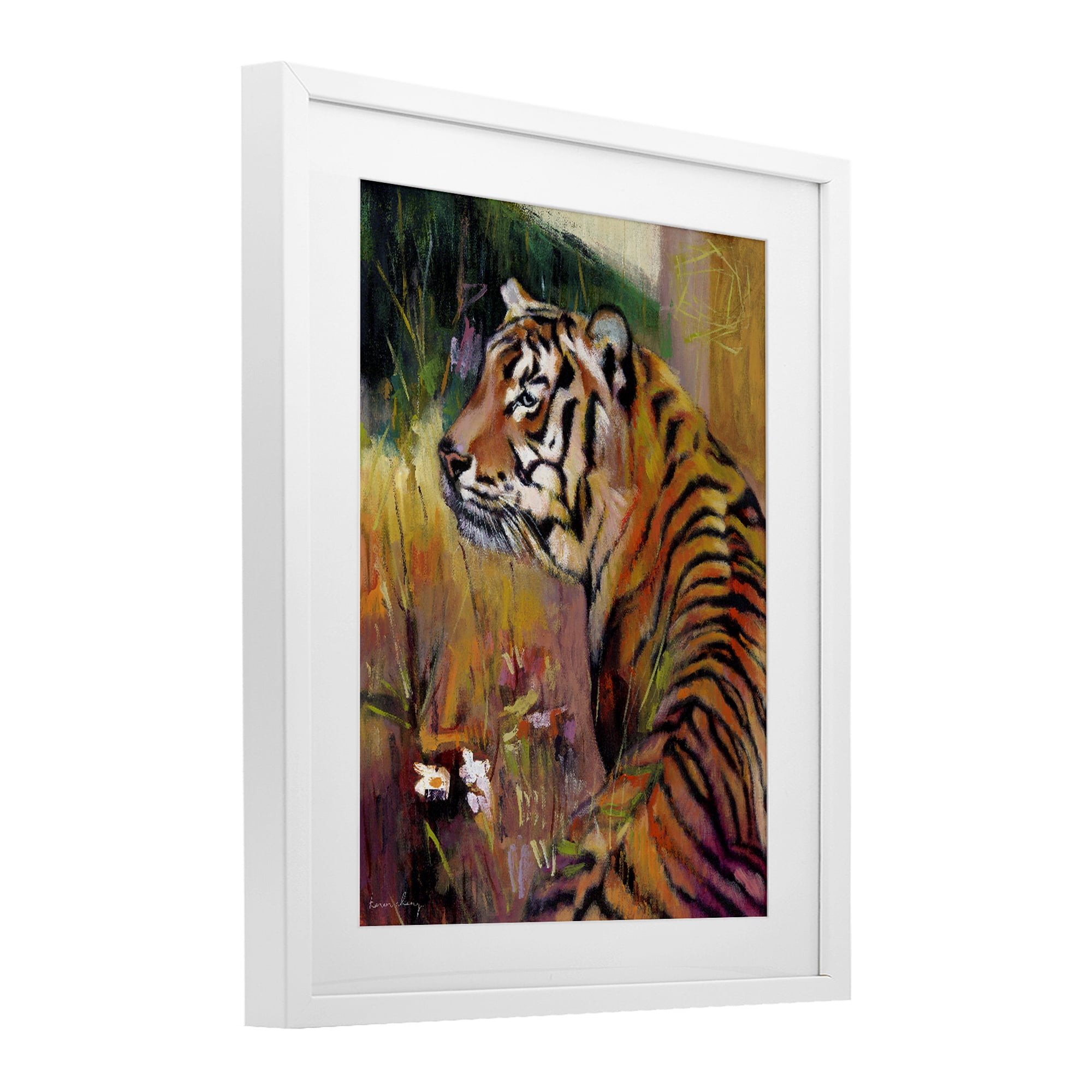 Stupell Industries Patience Tiger in Wait White Framed Print Under Glass, design by Karen Chang