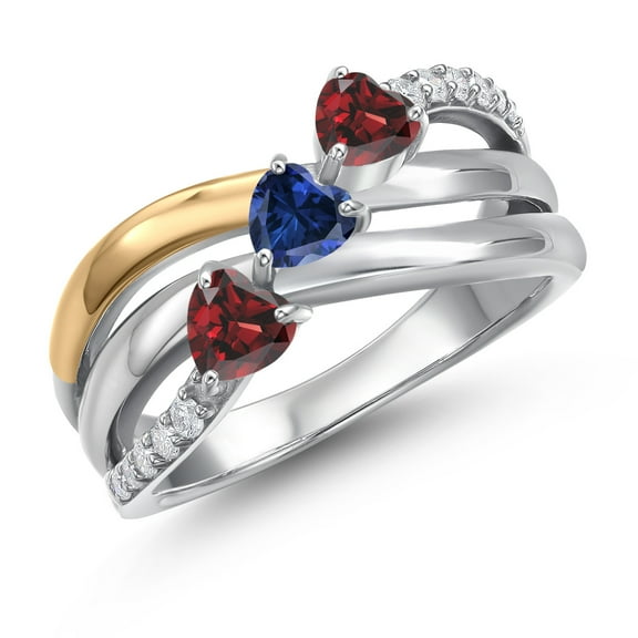 Gem Stone King 925 Silver and 10K Yellow Gold Red Garnet and Blue Created Sapphire and Lab Grown Diamond Engagement Ring for Women | 1.25 Cttw | Heart Shape Gemstone January Birthstone | Size 6