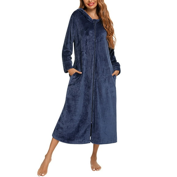 Women's Solid Color Long Sleeved Winter Flannel Nightgown with Open Collar and Hooded Zipper