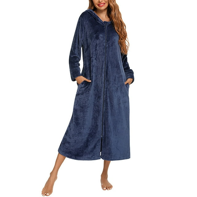 WRKEKC Long Robes for Women Solid Color Long Sleeve Fall Winter Flannel Open Front Hooded Zipper Sleep Robe for Women Durable Homewear