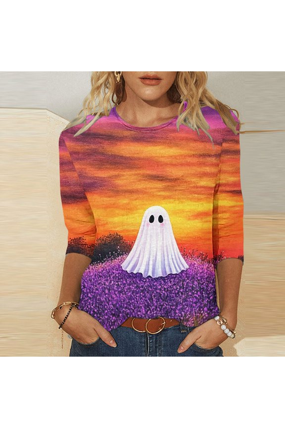 Women's 3/4 Sleeve Crew Neck Halloween Ghost Sunset Print Top Casual Stretch Pullover for Fall Parties and Daily Wear