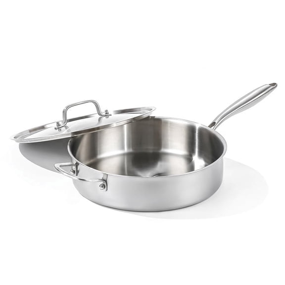 DELARLO 6QT Tri-Ply Stainless Steel Saute Pan With Lid,12inch Deep Frying Pan,Large Braiser Pan Induction Compatible,Heavy Duty and Oven Safe
