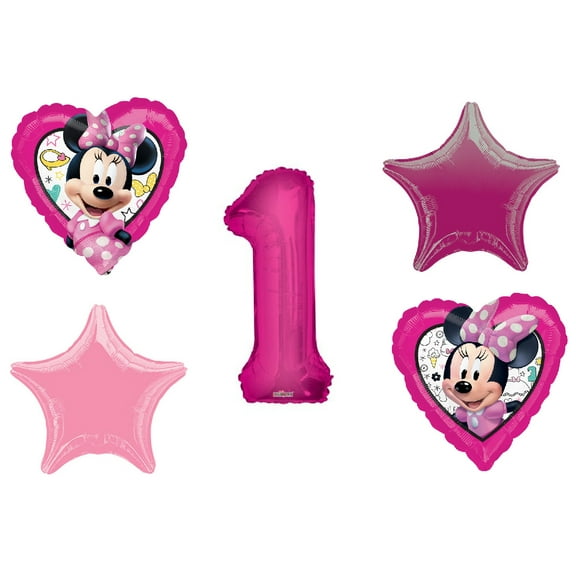 Minnie Mouse Happy Helpers Heart Shaped 1st Birthday Party 5 Piece Mylar Balloons
