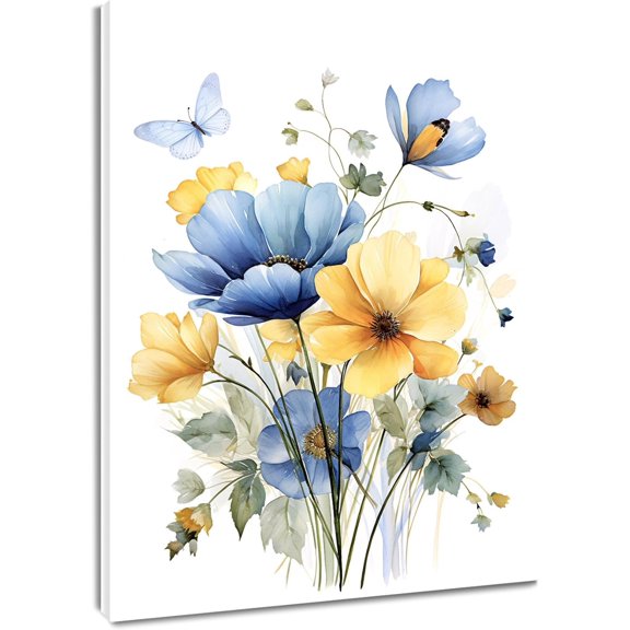 Vintage Wildflower Wall Art Blue and Yellow Flower and Leaves butterfly Abstract Painting Watercolor Plant Wall Art for Bathroom Living Room Bedroom Kitchen Decor Ready to Hang, 16Lx12W Inches