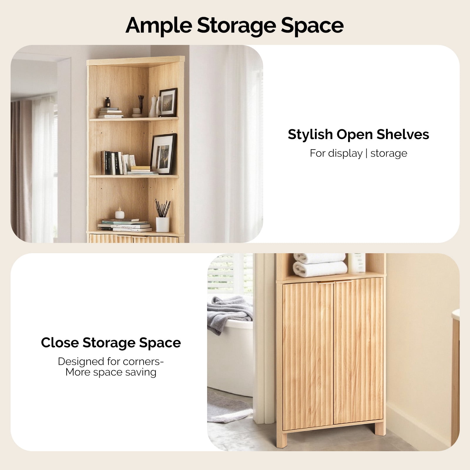 Ktaxon Corner Bathroom Cabinet with Fluted Double - doors, 5 - Tier Freestanding Storage, Oak
