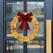 Outdoor Christmas Wreath, Lighted Wreath with LED Lights and Red Bow, Metal Holiday Decor for Exterior Window Wall Front Door