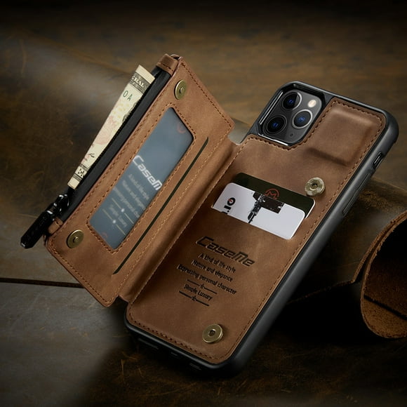 CaseMe Back case Card Slot Retro Matte Synthetic Leather Wallet Zipper Stand Cover for iPhone 11 (Coffee)