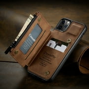CaseMe Back case Card Slot Retro Matte Synthetic Leather Wallet Zipper Stand Cover for iPhone 12 Pro (Coffee)