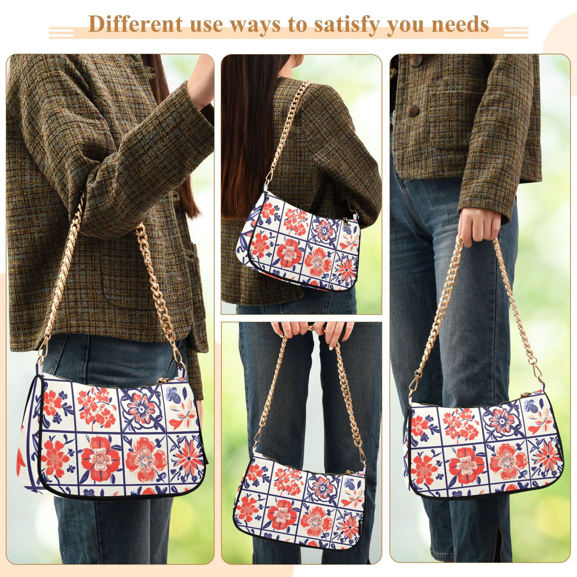 Ryvnso Boho Flower in Checkered Grid Womens Chain Shoulder Bag Tote Handbags Clutch Hobo Purse with Zipper for Travel