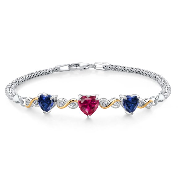 925 Silver and 10K Yellow Gold Red Created Ruby and Blue Created Sapphire and White Lab Grown Diamond Bracelet for Women (3.08 Cttw, July Birthstone, Heart 7MM and 6MM, 6.5/7/7.5 inch, Made in Italy)
