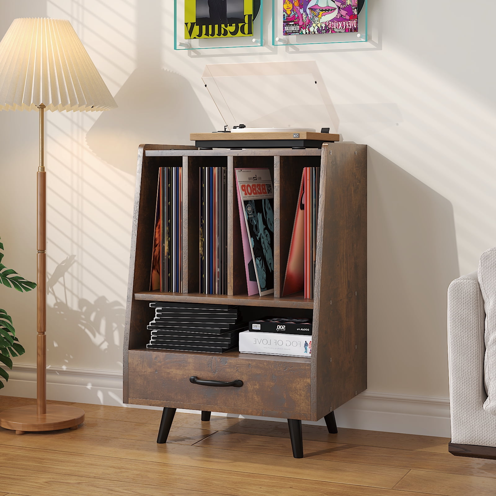 Hironpal Large Record Player Stand with Vinyl Storage with LED Light, Turntable Stand with Drawer, Midcentury Record Player Table Holds Up to 200+ Albums, DVD Shelf for Music Room Living Room-Walnut