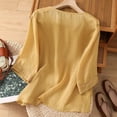 thumbnail image 3 of Gaukiv Womens Embroidered Shirts,Three Quarter Length Sleeve Tops Split Neckline Blouses Yellow L, 3 of 4