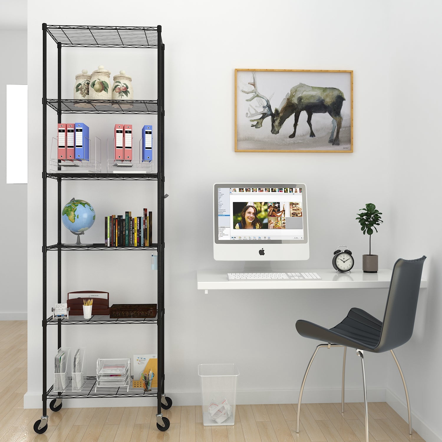 Sailvan 6-Tier 72"H Metal Storage Rack with Wheels, Slim Wire Shelving Unit for Pantry Kitchen Bathroom, Adjustable Shelves with Hooks, 530lbs Cap,Black