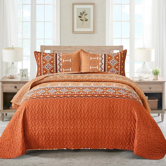3 Pieces Quilt Set  Size, Burnt Orange/Rust Halloween Quilt Bedspread Fall Bohemian Coverlet Set with 2 Pillowcase