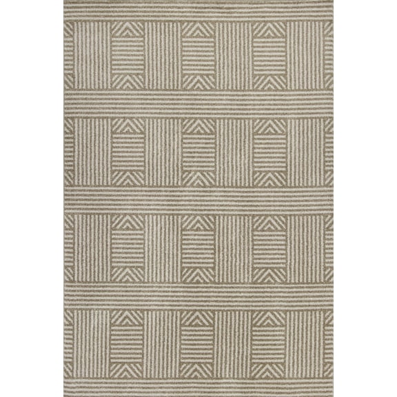 7' x 9' Beige Geometric Lines UV Treated Indoor Area Rug