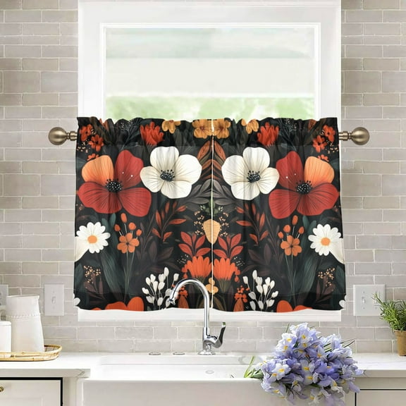 Yayeee Kitchen Curtains Tier Pair Light Filtering 27"x36" Rod Pocket Short Cafe Window Panel, Red Flowers Pattern