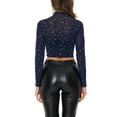 thumbnail image 3 of INSPIRE CHIC Women's Mock Neck Long Sleeve Stars Mesh See Through Cropped Blouse, 3 of 5