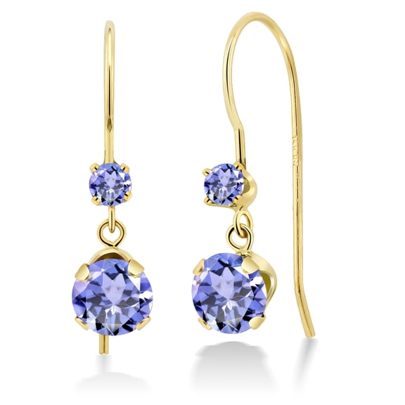 Gem Stone King 14K Yellow Gold Blue Tanzanite French Wire Dangle Hook Earrings for Women (1.08 Cttw, Gemstone December Birthstone, Round 5MM and 2.5MM)