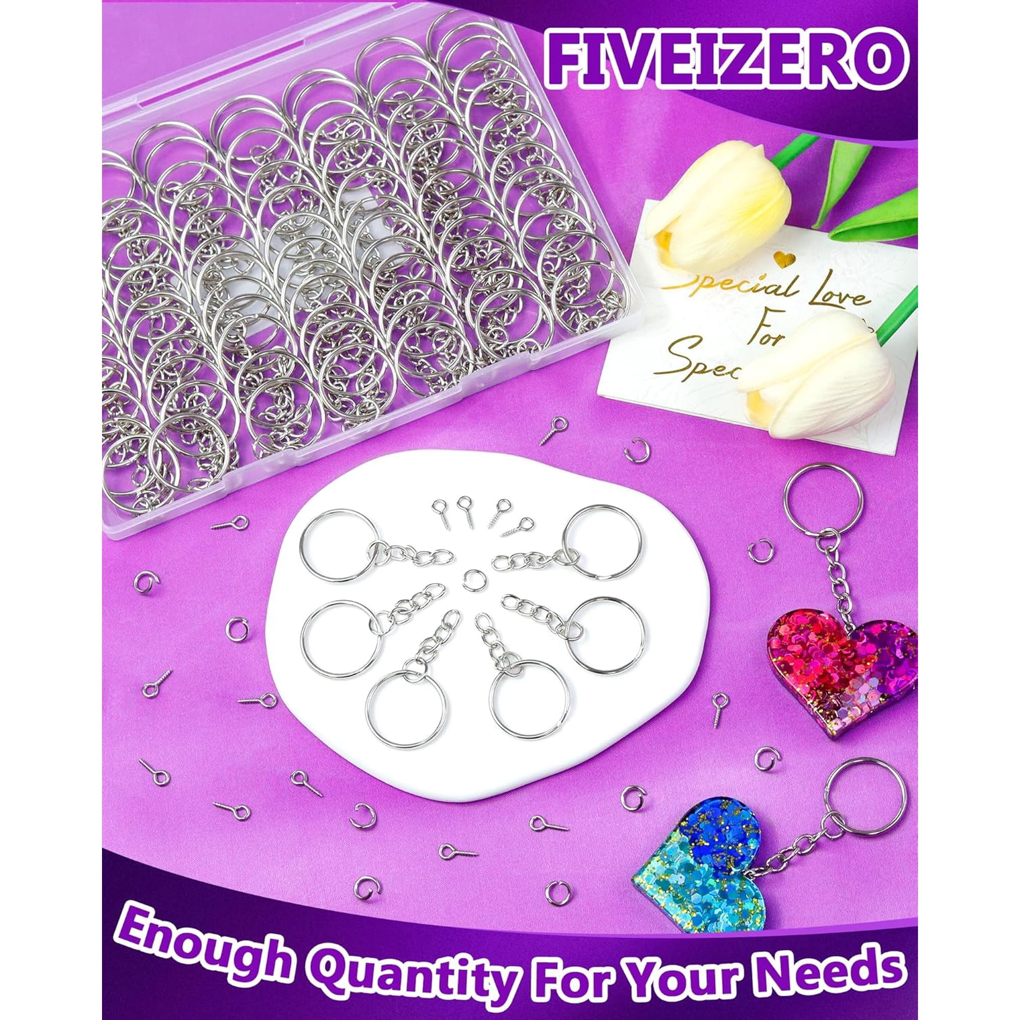 Lot De 240 Pièces Pour Création De Bijoux/Porte-clés – 60 Anneaux Plats + Chaînes + 180 Broches à Œillet | 6 Couleurs, Diamètre 30mm