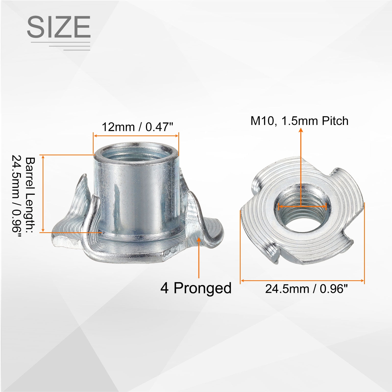 M10x12mm T-Nuts 4 Pronged 0.96" x 0.47" Tee Nut Carbon Steel Fully Thread 100packs